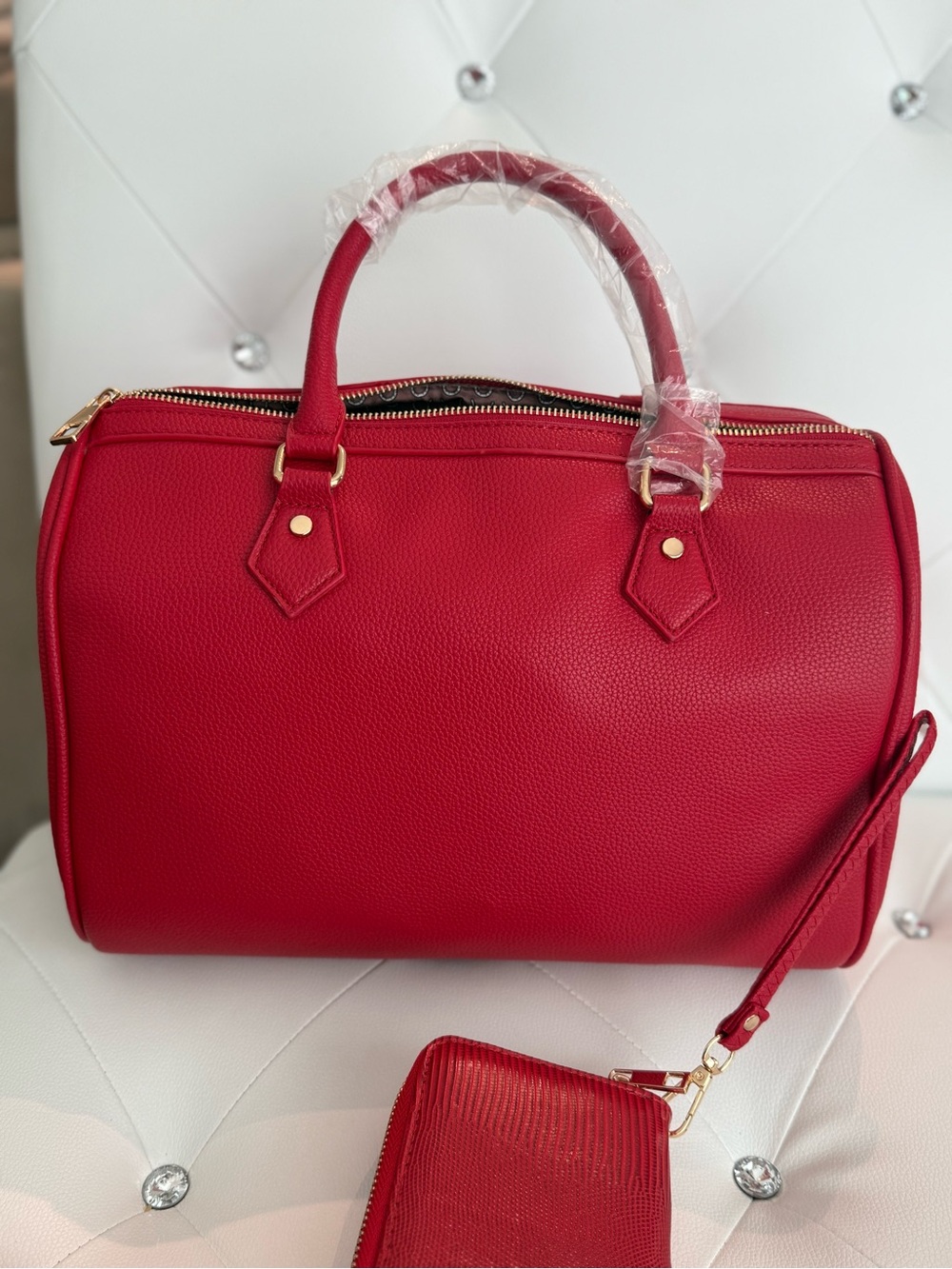 Designer-Inspired Red Patchwork Satchel | Includes Matching Wallet - Picture 9 of 15